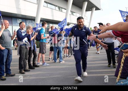 Vente Sharks centre Manu Tuilagi arrive au stade avant le match Gallagher Premiership match Sale Sharks vs Leicester Tigers au Salford Community Stadium, Eccles, Royaume-Uni, le 10 mai 2024 (photo par Steve Flynn/News images) Banque D'Images