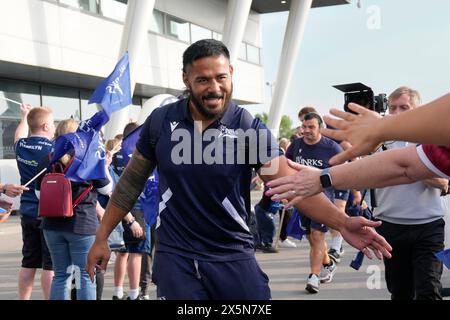 Vente Sharks centre Manu Tuilagi arrive au stade avant le match Gallagher Premiership match Sale Sharks vs Leicester Tigers au Salford Community Stadium, Eccles, Royaume-Uni, le 10 mai 2024 (photo par Steve Flynn/News images) Banque D'Images