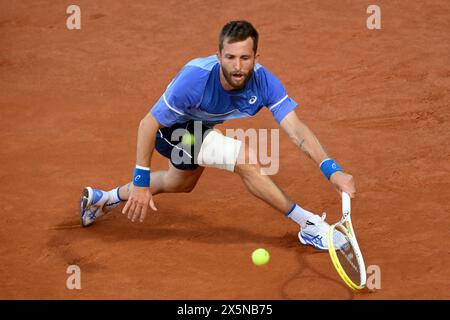 Rome, Italie. 10 mai 2024. Corentin Moutet lors du match contre Novak Djokovic au tournoi de tennis Internazionali BNL d'Italia 2024 au Foro Italico à Rome, Italie, le 10 mai 2024. Crédit : Insidefoto di andrea staccioli/Alamy Live News Banque D'Images
