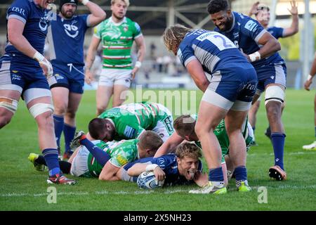 Eccles, Royaume-Uni. 10 mai 2024. Solde Sharks Scrum-Half Gus Warr réagit après avoir marqué un essai lors du match Gallagher Premiership match Sale Sharks vs Leicester Tigers au Salford Community Stadium, Eccles, Royaume-Uni, 10 mai 2024 (photo par Steve Flynn/News images) à Eccles, Royaume-Uni le 5/10/2024. (Photo par Steve Flynn/News images/SIPA USA) crédit : SIPA USA/Alamy Live News Banque D'Images