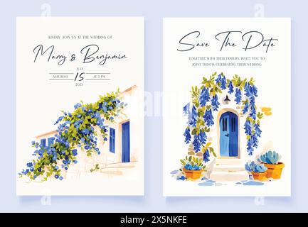 Invitation de mariage avec fond de fleurs bleues de printemps dessinées à l'aquarelle à la main Illustration de Vecteur