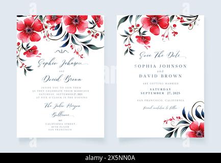 Invitation florale de mariage, invitation enregistrer la conception de carte de date avec des fleurs rouges, modèle mignon de vecteur Illustration de Vecteur