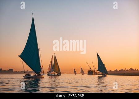 Les voiliers se prélassent dans la lumière dorée du coucher du soleil sur le Nil près de Louxor, en Égypte Banque D'Images