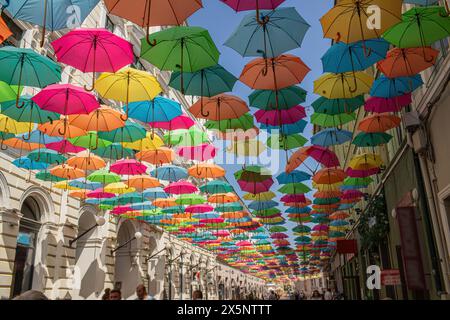 Parapluies colorés suspendus à la rue Alba Iulia, Timisoara. Photo de haute qualité Banque D'Images