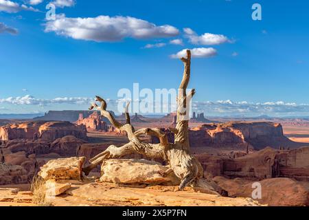 Vue panoramique sur les majestueuses buttes de Monument Valley au cours d'une journée de printemps lumineuse et vibrante. Banque D'Images