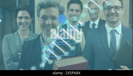 Image de brin adn sur divers hommes d'affaires au bureau Banque D'Images