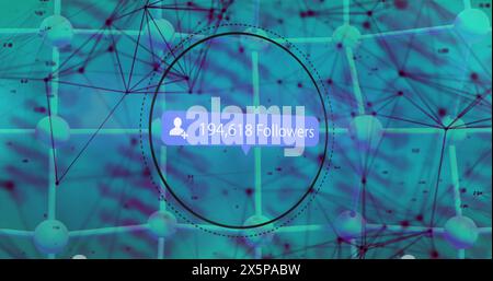 Image de texte suiveurs, compte à rebours, icône dans la bulle de parole, hélice adn, points formant des formes Banque D'Images