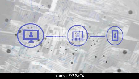 Image d'icônes dans l'organigramme, des points connectés formant des formes géométriques sur le paysage urbain Banque D'Images