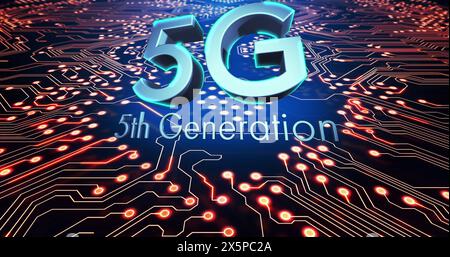 Image numérique du texte 5g contre les connexions du microprocesseur sur fond bleu Banque D'Images