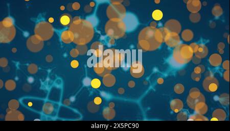 Image de taches jaunes de lumière sur des structures moléculaires flottant sur fond bleu Banque D'Images