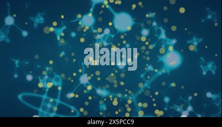 Image de taches jaunes de lumière sur des structures moléculaires flottant sur fond bleu Banque D'Images