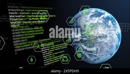 Image des icônes écologiques et du traitement des données dans le monde entier Banque D'Images