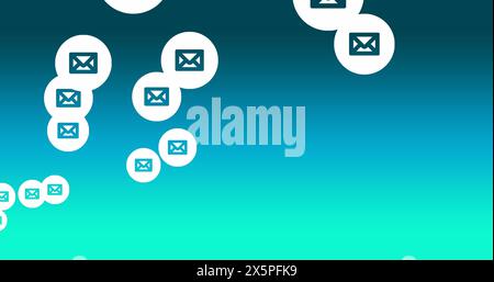 Icônes de messagerie flottantes sur fond dégradé bleu, symbolisant la communication numérique Banque D'Images