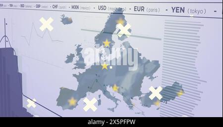 Carte montrant les USD, EUR et YEN à travers l'Europe, en utilisant des symboles et des lignes Banque D'Images