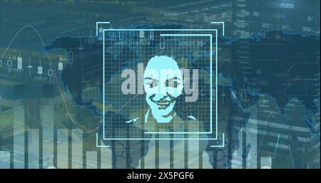 Image de graphiques, carte du monde et photos de l'utilisateur sur fond bleu Banque D'Images