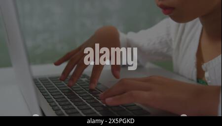 Image du traitement des données sur la fille asiatique à l'aide d'un ordinateur portable Banque D'Images