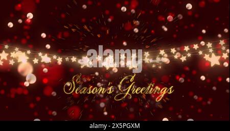 Image de taches lumineuses sur le texte de vœux de saison sur fond rouge Banque D'Images