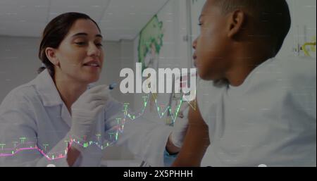 Image d'équations mathématiques sur des écoliers utilisant un ordinateur portable Banque D'Images