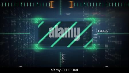 Image du traitement des données financières et scanner vert scannant sur des écrans de carrés de mosaïque Banque D'Images