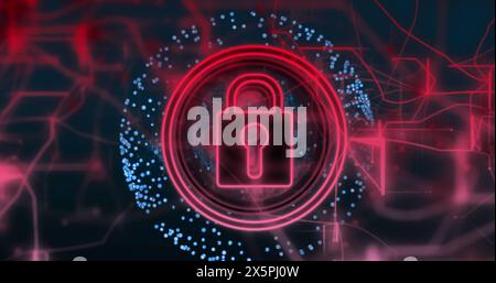Image d'un cadenas en cercle avec des lignes connectées au-dessus de points formant un globe Banque D'Images