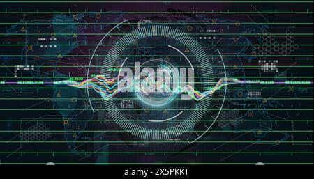 Image du scanner rond et du traitement des données sur la carte du monde sur fond noir Banque D'Images