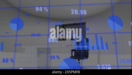 Image de plusieurs graphiques avec des chiffres changeants sur des chaises inoccupées et un bureau dans le bureau Banque D'Images