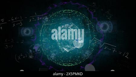 Image de scanners ronds, d'équations mathématiques et de traitement de données sur un globe en rotation Banque D'Images