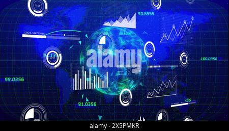 Image de graphiques, de cercles de chargement et de barres avec des points connectés globe sur la carte bleue Banque D'Images