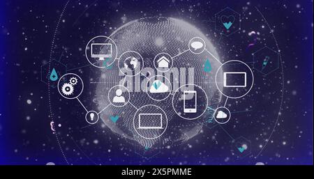 Image d'organigramme d'icônes sur des points connectés autour du globe sur fond abstrait Banque D'Images