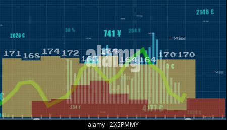 Image de nombres changeant avec des symboles monétaires sur plusieurs graphiques sur fond bleu Banque D'Images