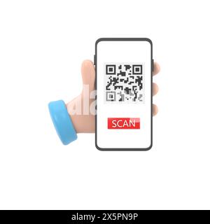 3d dessin animé rend les mains féminines smartphone et utilise le service d'application mobile avec la conception de bannière de code QR de balayage. Technologie et concept d'entreprise.rendu 3D. Banque D'Images