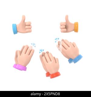 Ensemble de mains de gens applaudissant, donnant des likes. Applaudissements, Ovation, célébration, enlèvement. Illustration de doodle plat dans le style de dessin animé mignon.rendu 3D sur wh Banque D'Images