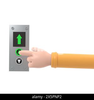 Homme d'affaires appuie sur le bouton de levage. conception plate d'illustration 3d. Appelez l'ascenseur. Flèche vers le haut. Montez au dernier étage. Doigt sur le bouton.rendu 3D activé Banque D'Images