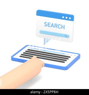 Maquette d'icône de geste de dessin animé. Plat 3d isométrique main d'homme d'affaires utilisez la tablette à la recherche de mot-clé sur le moteur de recherche. Recherche de mots-clés et seo concept.3D R Banque D'Images