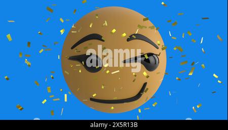 Image numérique de confettis dorés tombant sur un emoji de visage de sourire sur fond bleu Banque D'Images
