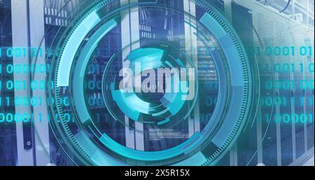 Illustration de cercles de chargement et de codes binaires sur des racks de serveur de données dans la salle des serveurs Banque D'Images