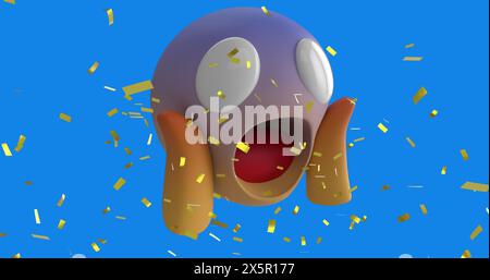 Image numérique de confettis dorés tombant sur un emoji de visage surpris sur fond bleu Banque D'Images