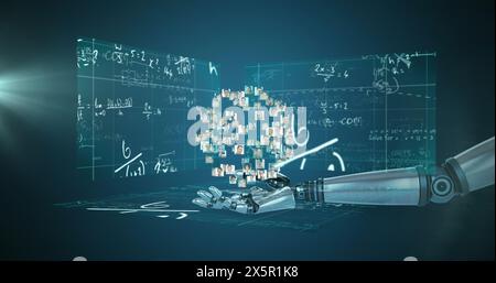 Globe de réseau de gens d'affaires sur la main robotique contre des écrans avec des équations mathématiques Banque D'Images