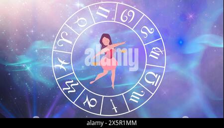 Image du signe d'étoile de balance avec roue d'horoscope tournant sur des étoiles sur fond bleu à violet Banque D'Images