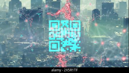 Image de code qr numérique avec boucle d'interface graphique sur les gratte-ciel modernes dans la ville Banque D'Images