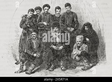 Villageois bulgares. Gravure de Valnay. 'La Guerra de Oriente' (la guerre russo-turque). Volume I. 1877. Banque D'Images