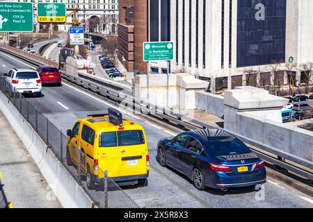 Welccome à Manhattan, panneau de rue au bout du pont de Brooklyn, Downtown Manhattan, New York Banque D'Images