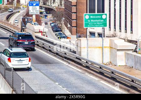 Welccome à Manhattan, panneau de rue au bout du pont de Brooklyn, Downtown Manhattan, New York Banque D'Images