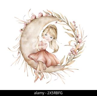 Aquarelle blonde jeune fille ballerine dans une robe rose et chaussons se trouve sur la lune. Fleurs et plantes boho couronne élégante. Illustration dessinée à la main Banque D'Images