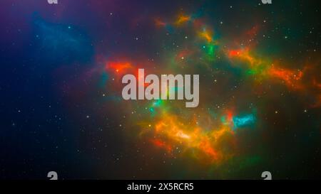 Espace arrière-plan. Nébuleuse fractale colorée avec champ d'étoiles. Peinture numérique Banque D'Images