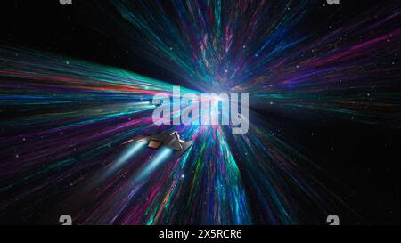 Vaisseau spatial volant sur une nébuleuse colorée en perspective. Vitesse, illustration de voyage, rendu 3D. Banque D'Images
