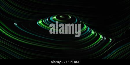 Montagne de ligne lumineuse 3D, concept de fond de carte topographique, illustration abstraite. Toile de fond bleu et vert vague Banque D'Images