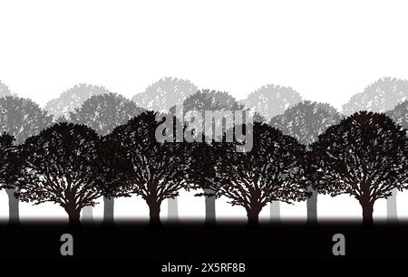 Illustration de fond de silhouette de forêt sans couture monochrome avec espace texte. Répétable horizontalement. Illustration de Vecteur