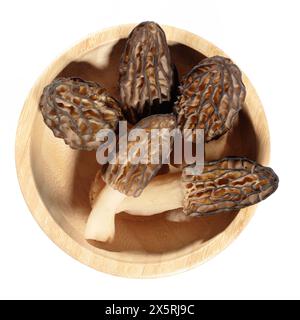 Fraîchement propres morilles cueillies dans la vue de dessus du bol en bois sur fond blanc gros plan Banque D'Images