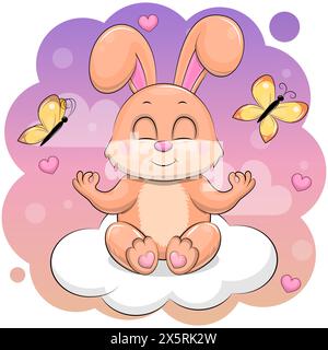 Un lapin de dessin animé mignon médite sur un nuage. Illustration vectorielle d'un animal avec des papillons dans le ciel. Illustration de Vecteur